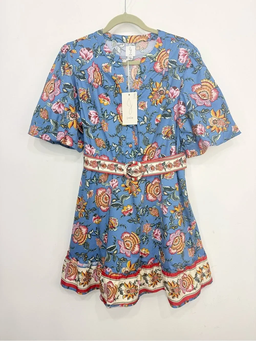 Joie Blue Pink Floral Print Complimentary Hem Puff Sleeve A Line Mini Dress NEW